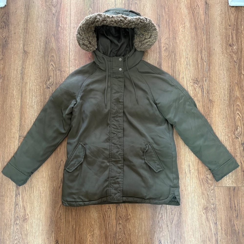 Old Navy Olive Green Faux Fur‎ Trim Hooded Parka Jacket Womens Small Coat Puffer